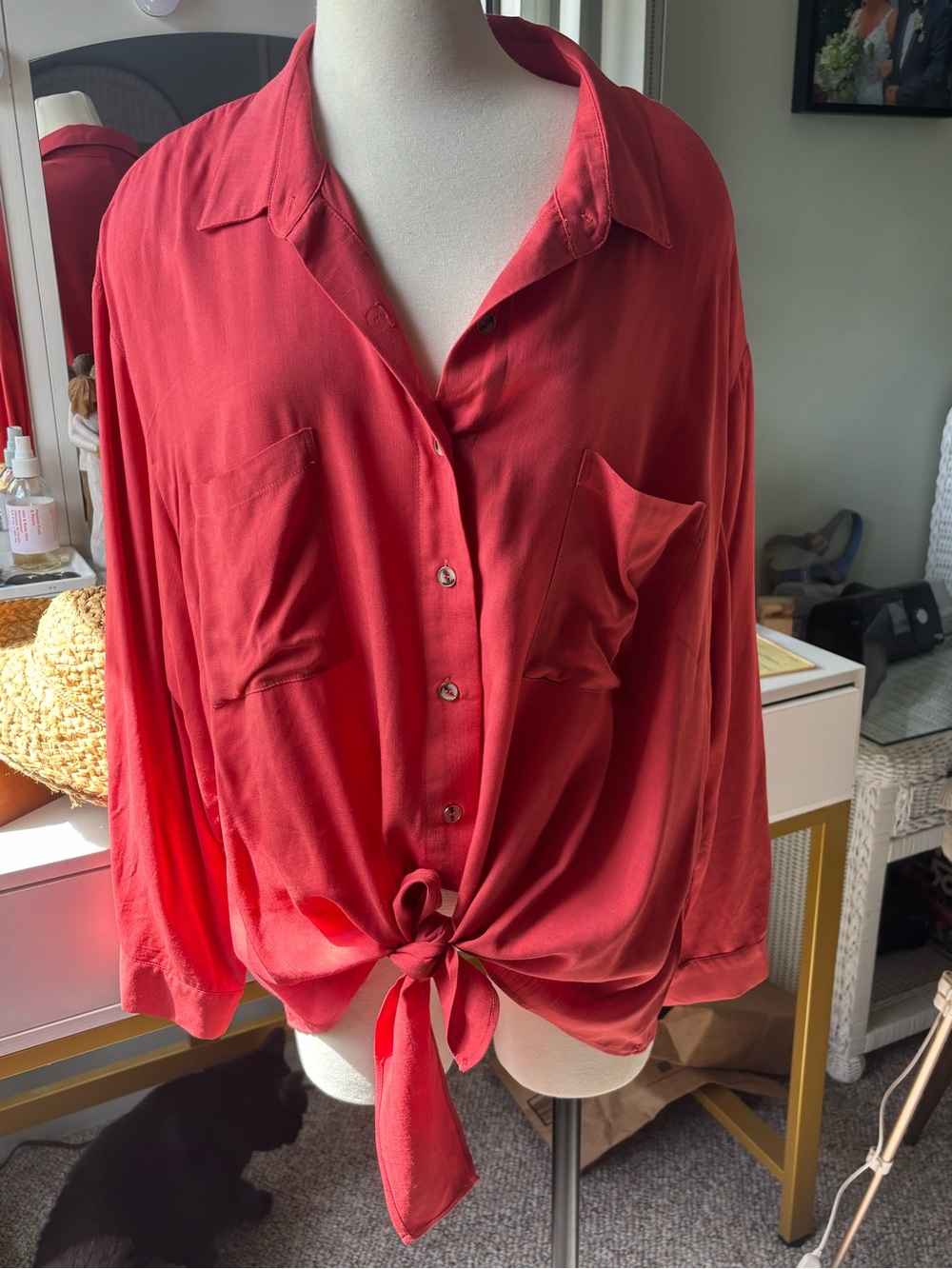 City Chic Red Tie-Front Button Down Shirt
